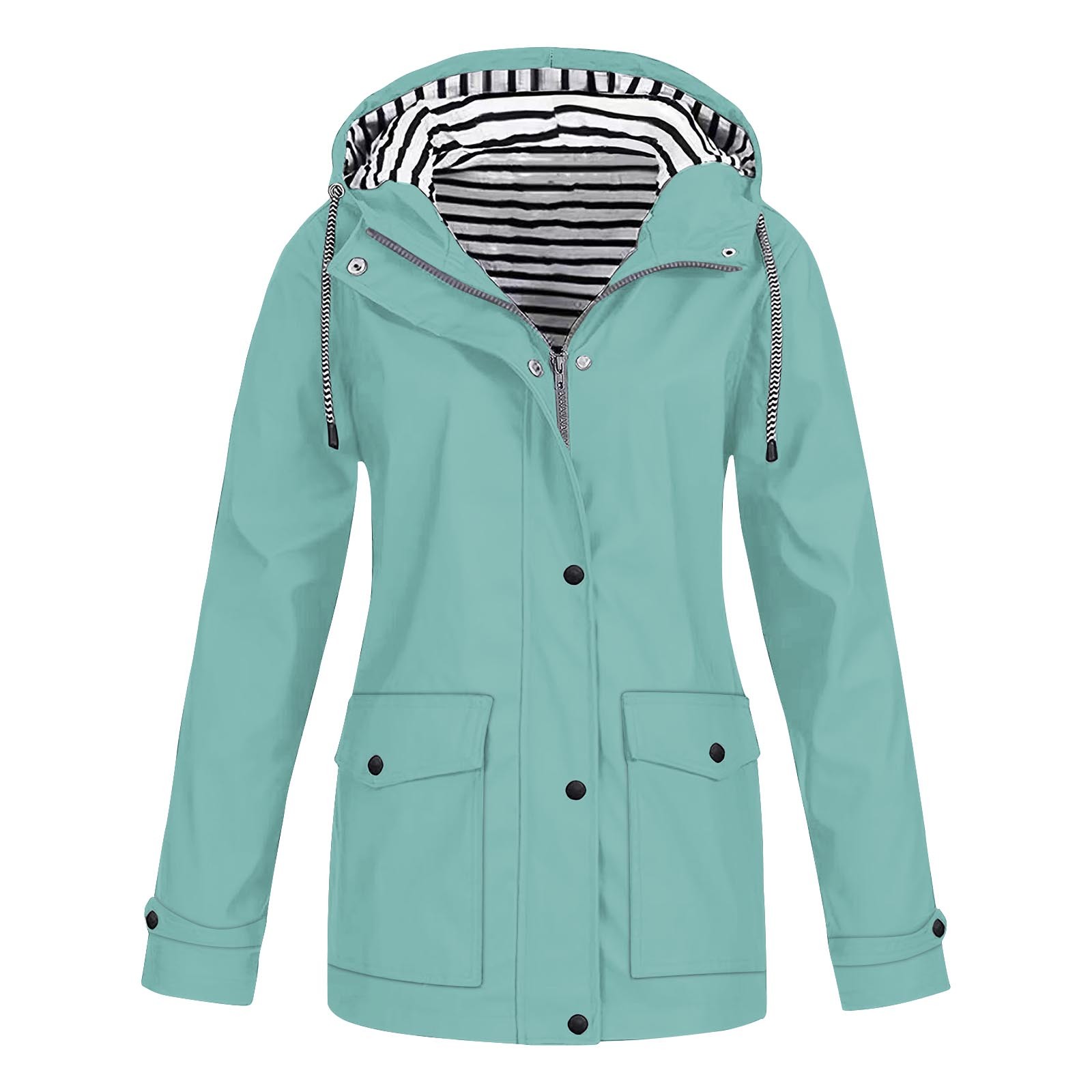 NARABB Women Casaul Solid Jackets Outdoor Plus Size Drawstring Zipper Hooded Raincoat Windproof Tops Coat With Pocket
