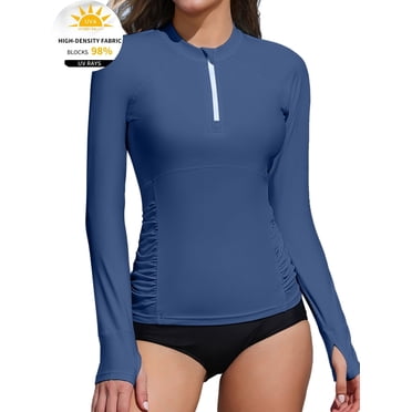 Charmo Women's Zipper Rash Guard Long Sleeve Side Ruched Swim Shirt Sun Protection Swimsuit Tops