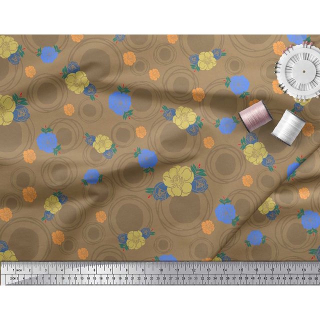 Soimoi Brown Poly Georgette Fabric Circle,Leaves & Floral Hand Drawn Print Fabric by the Yard 52 Inch Wide