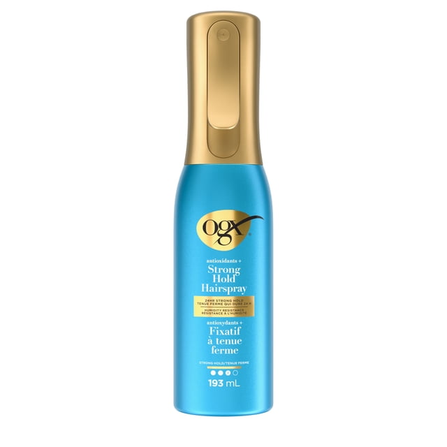 OGX Antioxydants + Vaporisateur à Tenue Forte en Bouteille à Brume Continue Bleue de 193 ml avec Embout de Pulvérisation Doré, Offrant une Tenue Forte de 24 Heures et une Résistance à l'Humidité avec une Formule Antioxydante, Convient pour Finir des Coiffures Élégantes Ou Ébouriffées avec une protection Longue Durée.