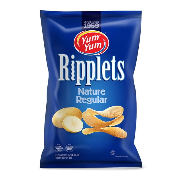 Yum Yum Ripplets chips regular 200g bag with blue packaging featuring the Yum Yum logo, ridged potato chips, and whole and sliced potatoes, gluten free and trans fat free, offering a crunchy, seasoned potato snack suitable for casual snacking.