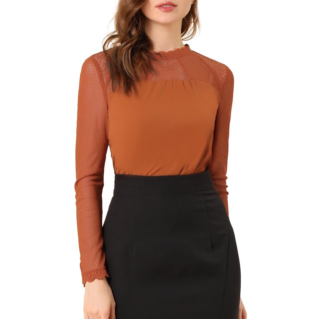 INSPIRE CHIC Haut à Manches Longues en Mousseline à Col Rond en Dentelle Florale pour Femme