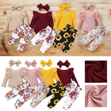 Yuyuzo Baby Girl Clothes Infant Newborn Ruffle Outfit 2 Piece Fall Winter Spring Ribbed Knit Tops Pants Set Cute Headband