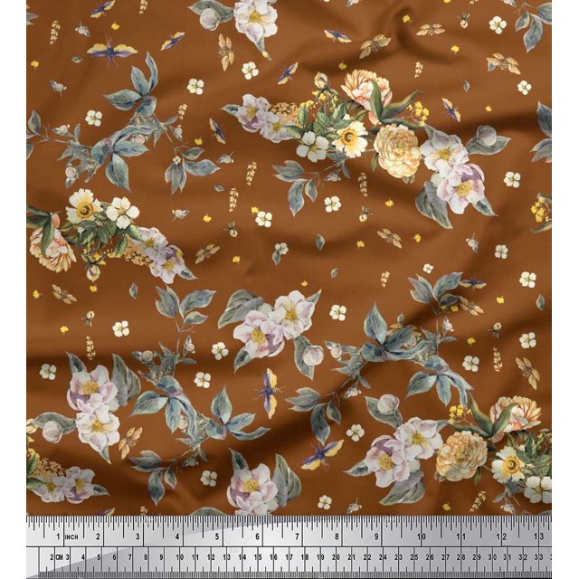 Soimoi Poly Georgette Fabric Leaves,Moth & Magnolia Floral Printed Craft Fabric by the Yard 52 Inch Wide