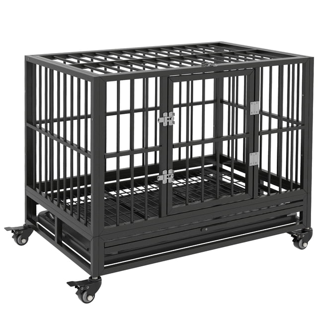 PawHut Cage pour Chien en Acier Robuste de 36 Pouces Crate Kennel Pet en Gris, avec un Cadre en Acier Massif et des Barres Soudées pour la Durabilité. Comprend une Porte avant avec Deux Loquets à Boulons Coulissants, un Plateau Coulissant Amovible pour un Nettoyage Facile, et Quatre Roues Pivotantes avec Verrous pour la Mobilité et la Stabilité. Convient aux Chiens Moyens et Grands jusqu'à 44 Lb. Dimensions : 36.2 Pouces L x 24.4 Pouces L x 30.7 Pouces H.