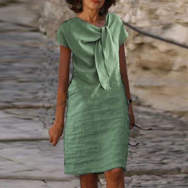 Jusqu'à 65 % de Rabais! Robes d'Été Mode pour Femmes 2024 Grande Taille Nouvelle Allure Élégante Col Rond à Nouer Manches Courtes Couleur Unie Coton Coton Lin Robe