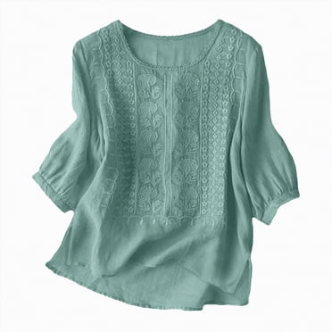 WUANDIXFA Hauts de Sortie pour Femmes Chemises en Lin pour Femmes Rétro Broderie Été Ample Manches 3/4 T-Shirts Tuniques Hauts Blouses Décontractées Vêtements Boho Vert Menthe,m