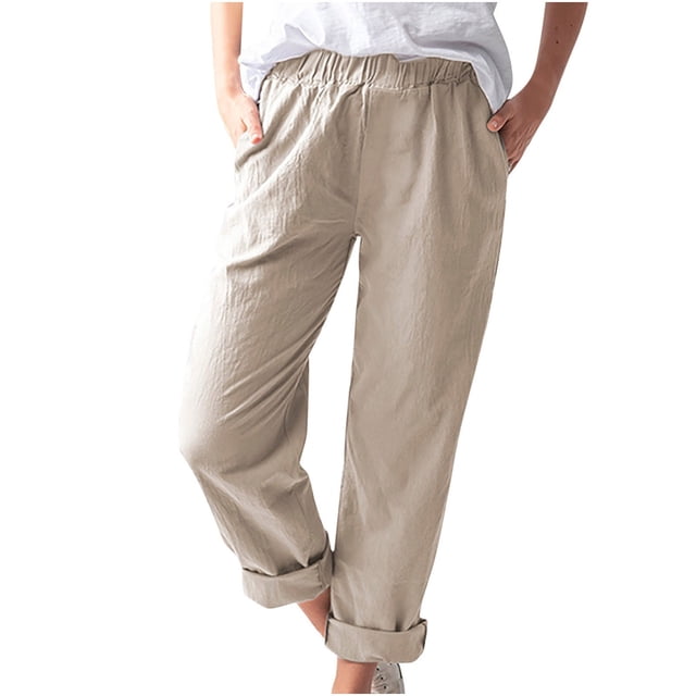 VEKDONE Womens Cotton Linen Long Pants Khaki M