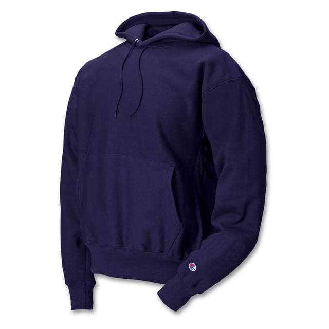 Champion Chandail à Capuchon en Molleton Reverse Weave pour Homme, TG, Marine. un Chandail à Capuchon durable pour Homme avec une Capuche à Deux Plis, une Poche Kangourou et des Poignets Côtelés, sous l'Aisselle, sur les Côtés et l'Ourlet Inférieur. Fait de 82 % Coton et 18 % polyester avec logo A C sur le Poignets Gauche.