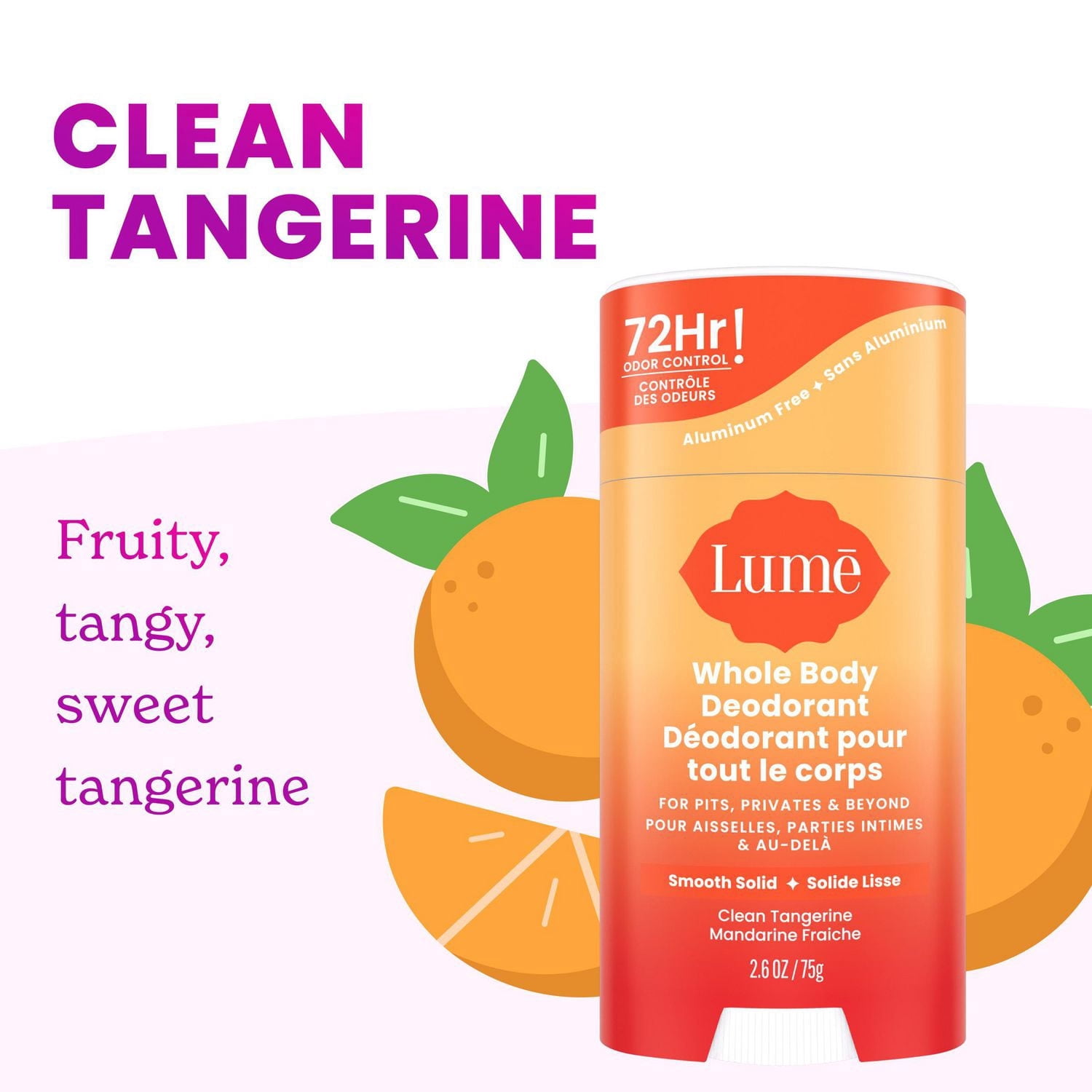 Déodorant féminin Lume pour Tout le Corps - Stick Solide Doux - Sans Aluminium - Parfum Mandarine Fraîche, 74g