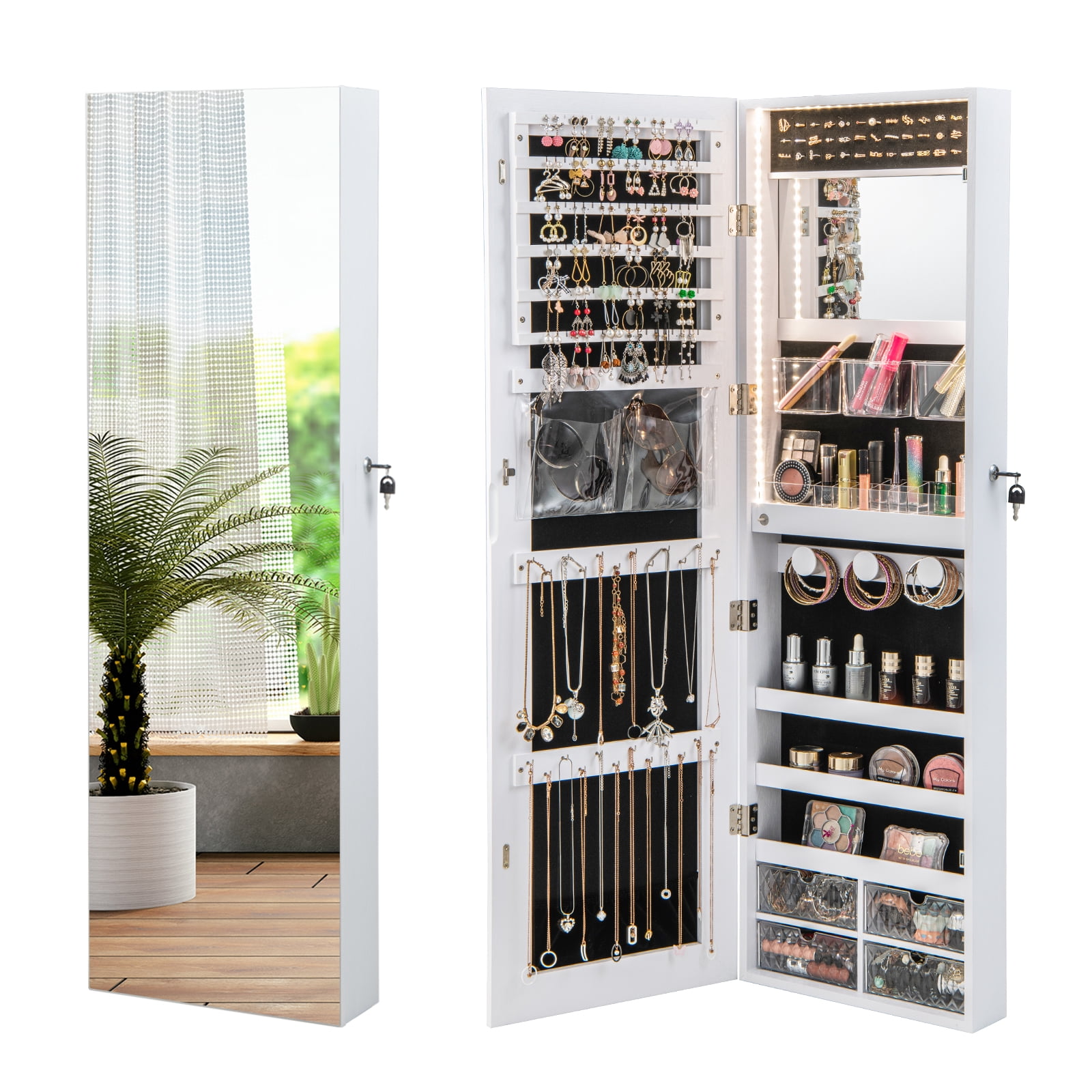 Gymax Wall Mounted Jewelry Cabinet with Full-Length Mirror and 3-Color LED Lights, White