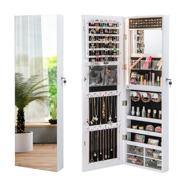 Gymax Wall Mounted Jewelry Cabinet with Full-Length Mirror and 3-Color LED Lights, White