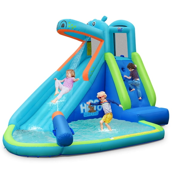 Costway Maison Gonflable pour Enfants avec Hippopotame, Rebondissante, Glissade, Mur d'Escalade, Éclaboussures, Piscine avec Sac