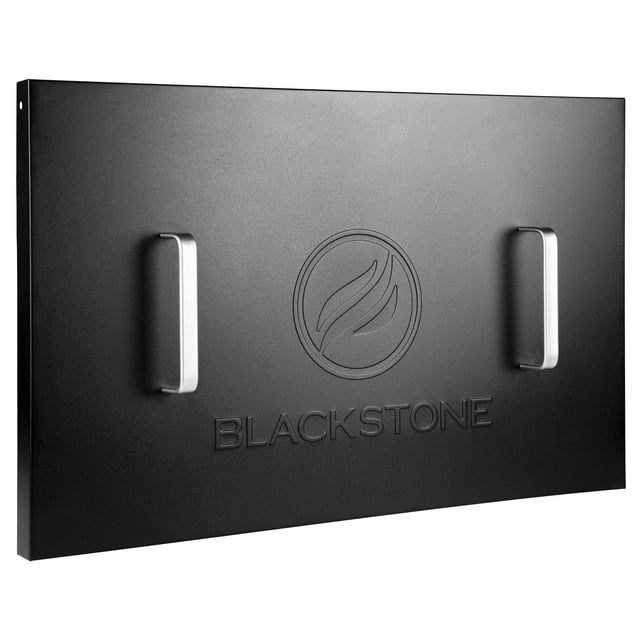 Hard black protective cover for a 28 inch Blackstone griddle featuring two silver handles and an embossed Blackstone logo.