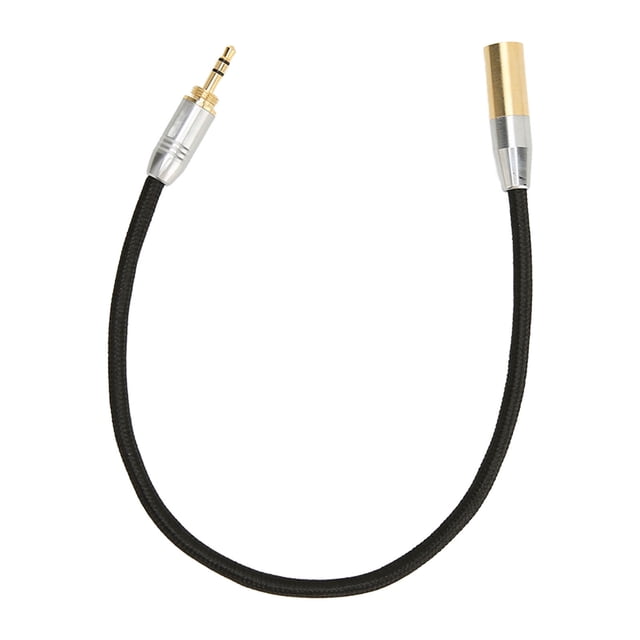 3.5mm Male to Mini XLR 3pin Cable with 24AWG all-copper conductor and nickel-plated shell. The cable features a 3.5mm gold-plated plug and a mini XLR plug with gold-plated contact points. Designed for stereo sound, it is suitable for use with microphones, mixers, wireless microphones, and professional cameras. The black outer mesh provides durability and shielding for pure sound quality.