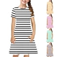 thumbnail image 1 of JDQJBZ Girls Short Sleeve Dress Striped Print Pleated With Pockets Summer Outfit, 1 of 5