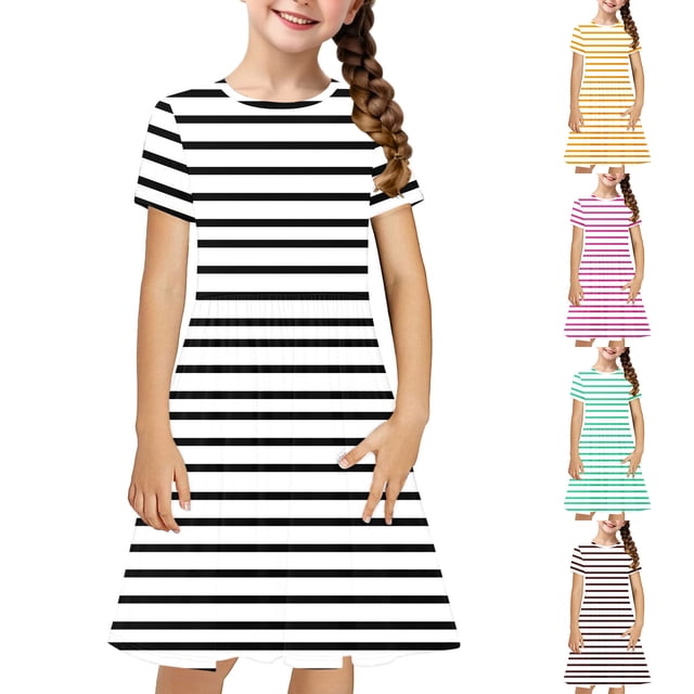 JDQJBZ Girls Short Sleeve Dress Striped Print Pleated With Pockets Summer Outfit