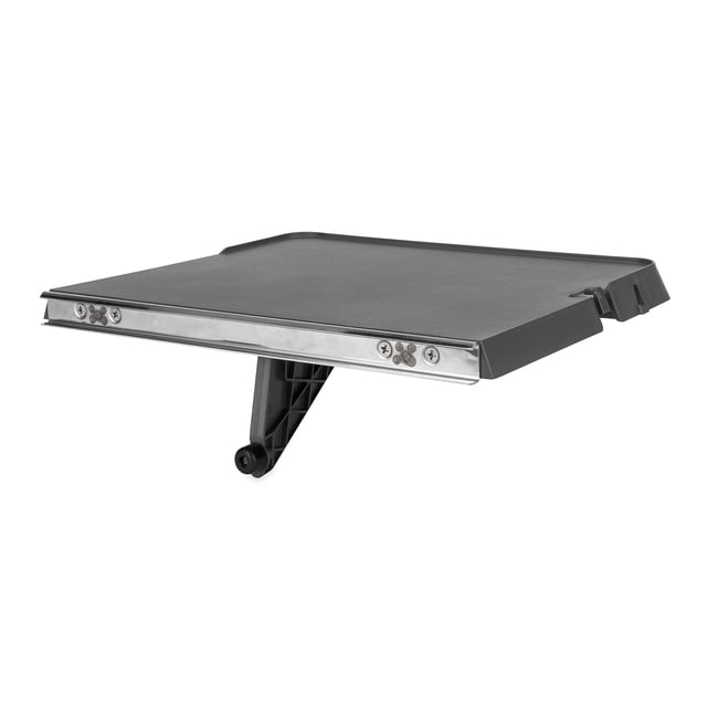 Camco RV Rail Mount Table, 16 ¾-inches x 12 3/16-inches, in charcoal gray. Designed to hang on an RV's exterior grill rail, providing a flat surface for eating, food preparation, and utensil storage. Features a foldable leg for compact storage, a hook for hanging a cooking utensil, and holes for securing paper towels with bungee cords. Made of durable, fade-resistant materials. Compatible with RVs with mounting rails and supports up to 15 pounds.