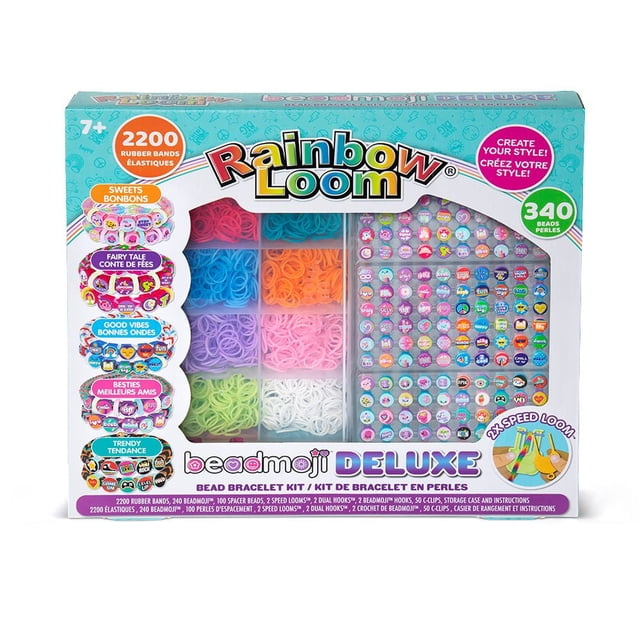 RAINBOW LOOM BEADMOJI DELUXE SET bead bracelet kit with 2200 rubber bands in nine color compartments and 340 themed beadmoji featuring sweets, fairy tale, good vibes, besties, and trendy designs. Includes two speed looms and accessories for crafting friendship bracelets, presented in a turquoise box with bilingual English and French text. Also ideal for creative arts and crafts activities for kids.