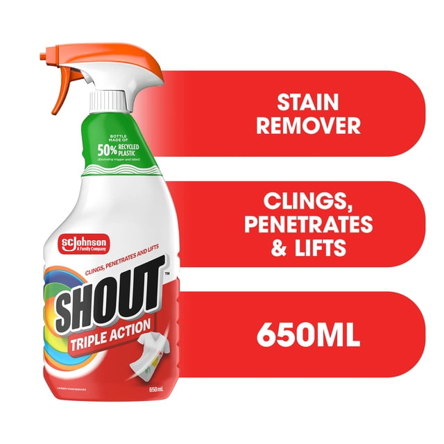 Shout® Laundry Stain Remover Spray, 650mL, white and red plastic bottle with orange trigger spray, triple-action formula clings, penetrates, and lifts stains from colorfast machine-washable fabrics, safe for all water temperatures, made with 50% recycled plastic.