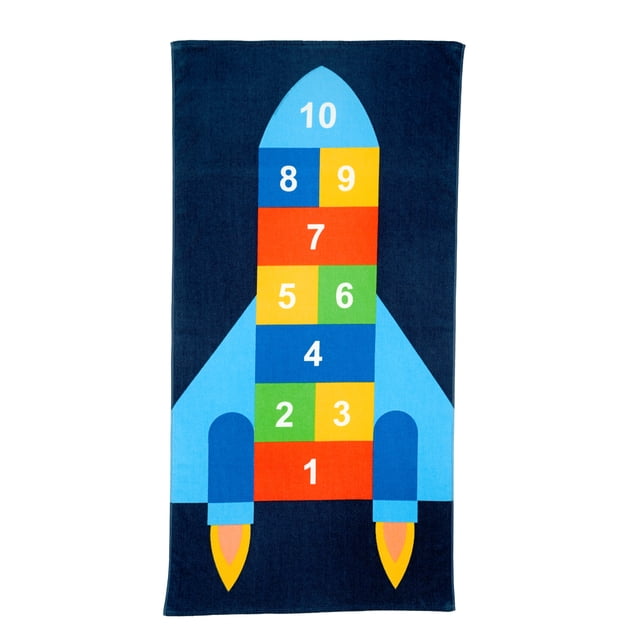 Mainstays Kids Beach Towel, Rocket Hopper, 1 Piece, 60" x 30" featuring a colorful rocket design with numbered blocks 1 to 10 on a blue background, made of soft, absorbent 100% cotton with reinforced hems and a hanging loop, ideal for beach, pool, or outdoor use.
