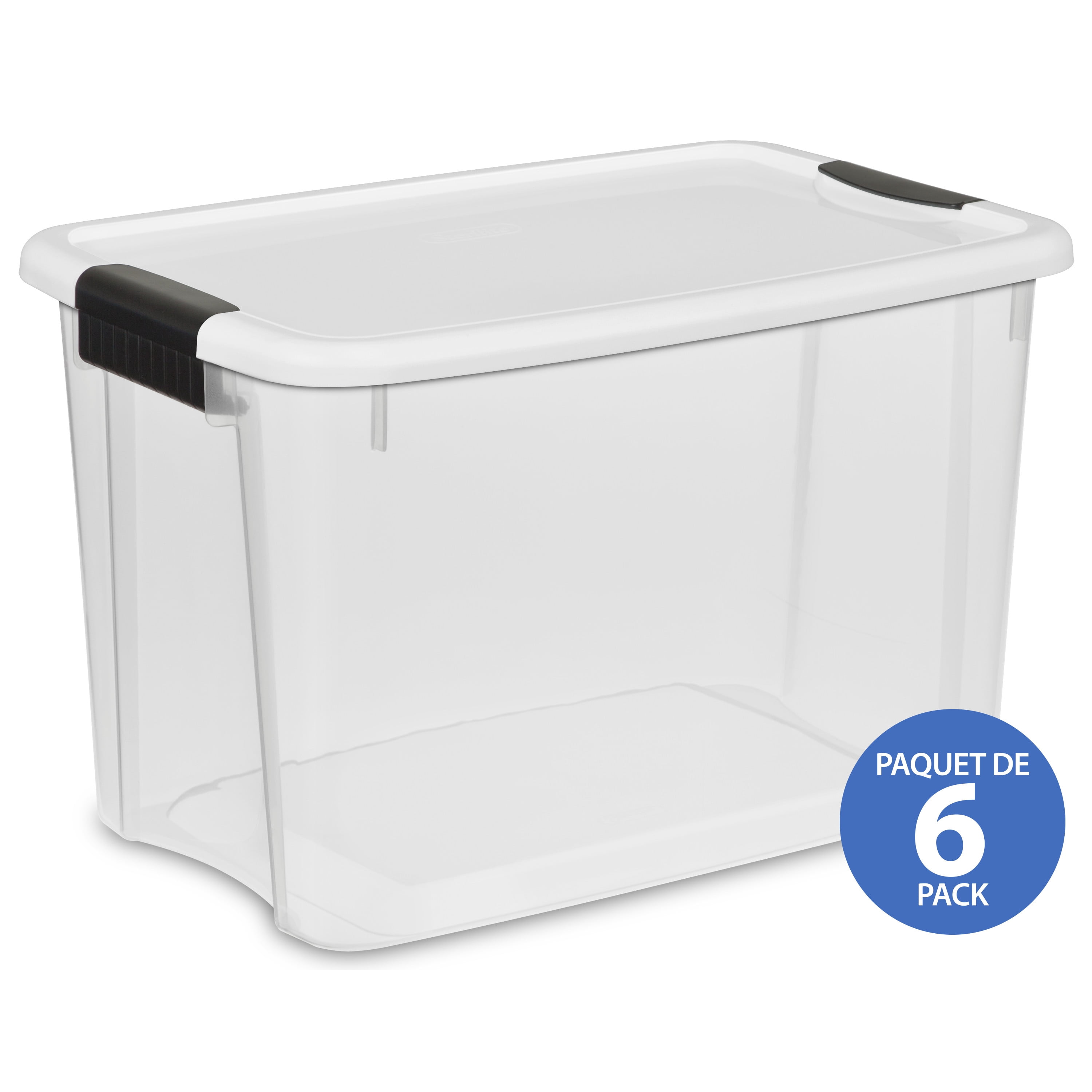 Sterilite 28 L Bac à loquets, petit bac de rangement en plastique transparent durable avec couvercle et loquets noirs robustes, 4 Pk
