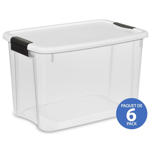 Sterilite 28 L Bac à loquets, petit bac de rangement en plastique transparent durable avec couvercle et loquets noirs robustes, 4 Pk