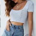 thumbnail image 2 of Square Neck Crop Tops for Women Short Sleeve Crochet Knit Going out Tops Basic Slim Cropped T Shirts, 2 of 4