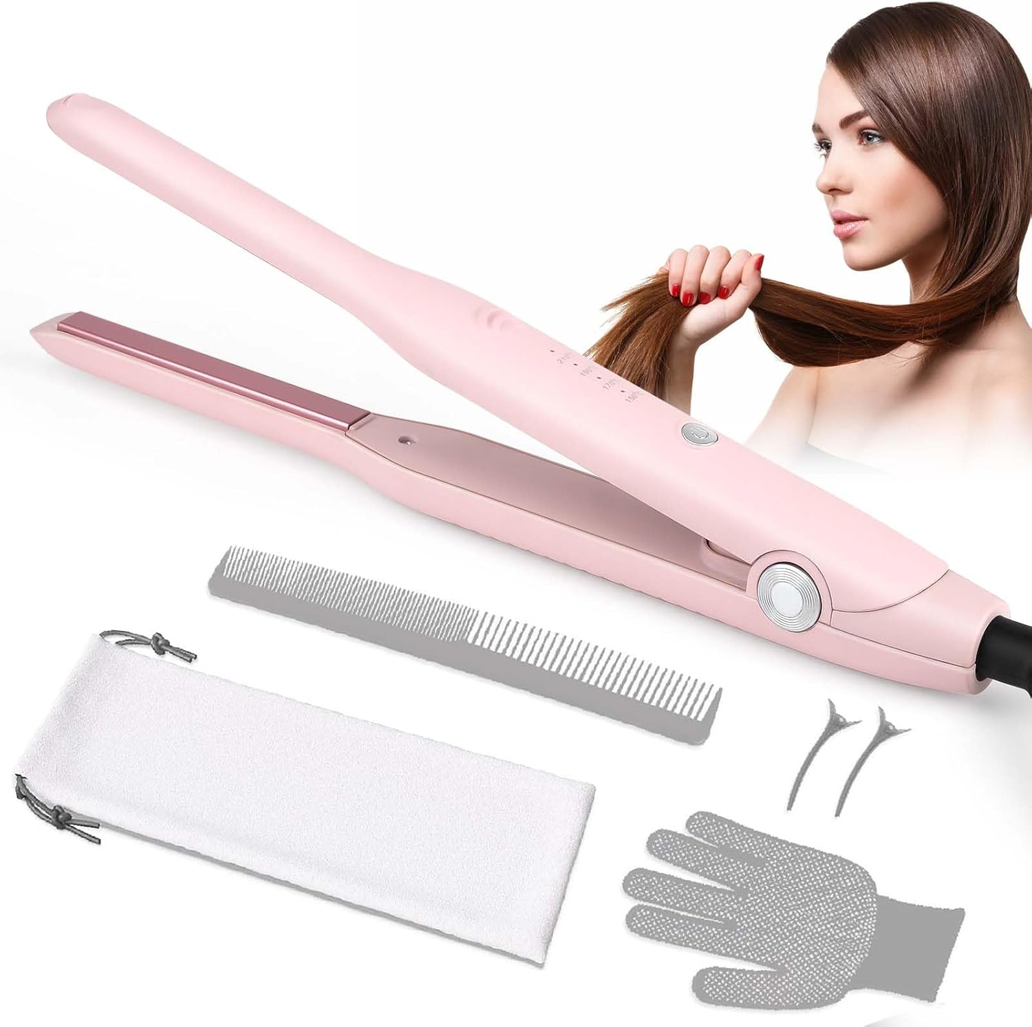 Hair Straightener Pencil Straighteners for Short Hair Mini Hair Straighteners for Woman and Man Ceramic Panel with 4-Step Temperature Setting and Anti-scalding（Pink）