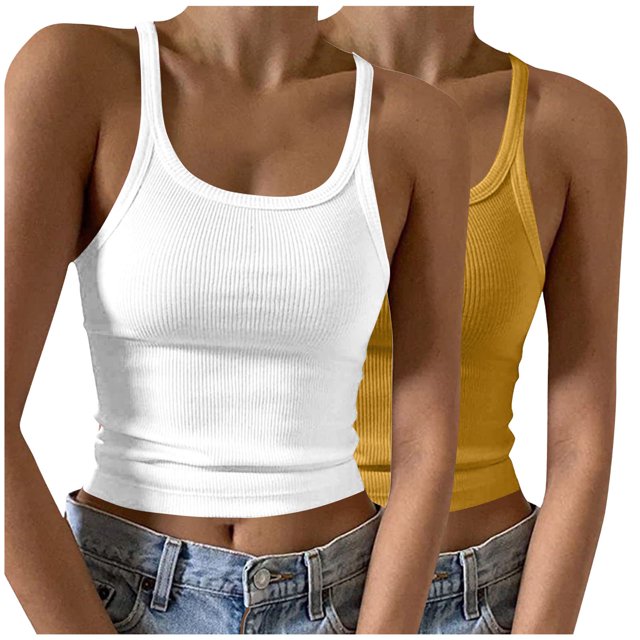 Timegard Camisoles 2 Pcs pour Femmes Col Rond Côtelé Sans Manches Ajusté Court Haut Décontracté Sortie Camis