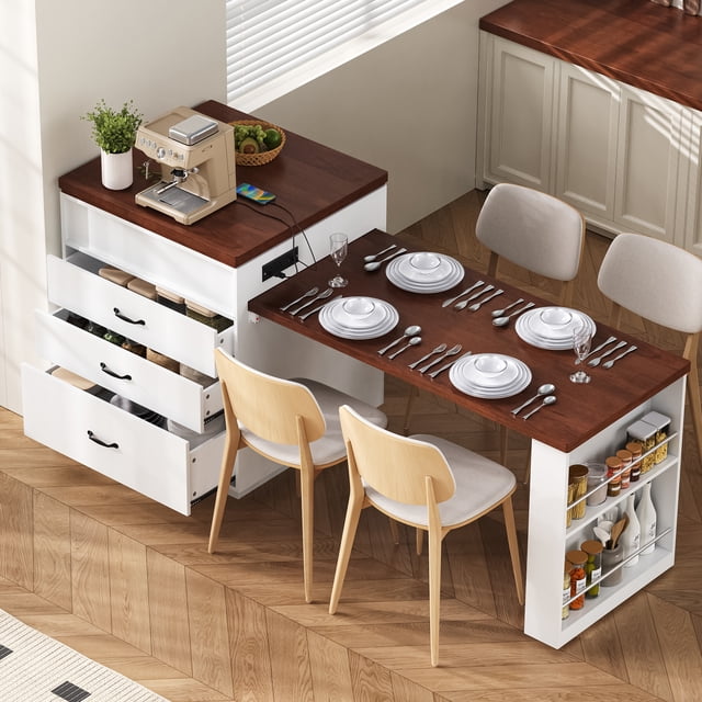 Noble House Horizon Kitchen Island on Casters,Extendable Dining Table with LED Lighting & Power Strips,Bar Buffet Table,Creamy White + Walnut