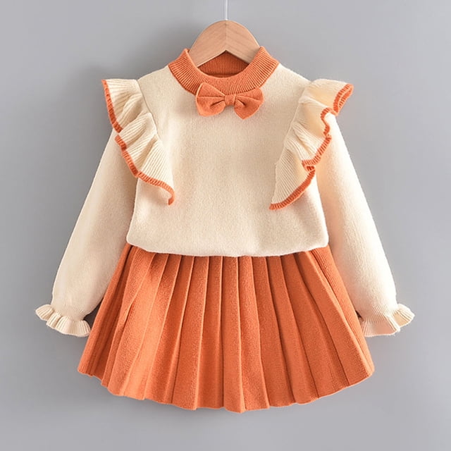 Cowsor Toddler Girls' Ruffle Cardigan & Pleated Skirt Set – Knitted, Cute (1-6Y)
