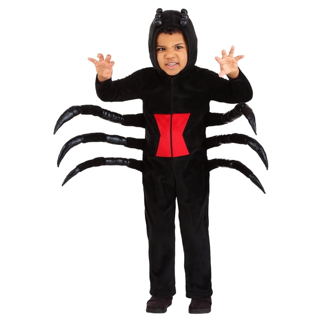 Costume d'Araignée Douillet pour Tout-Petit avec une Combinaison Noire en Tissu minky Doux 100 % polyester avec Fermeture Éclair au Centre et à l'Avant. Comprend des Pattes d'Araignée en minky et Vinyle Extensible Soutenues par des Lignes en Plastique Transparent et un Motif de Sablier Rouge sur la Poitrine. Idéal pour les Tout-Petits comme Costume d'Araignée Chaud et Effrayant pour l'Halloween Ou pour Enfants.