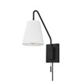 thumbnail image 1 of 1-Light Matte Black Swing Arm Plug-In or Hardwire Wall Sconce with White Fabric Shade, 1 of 6