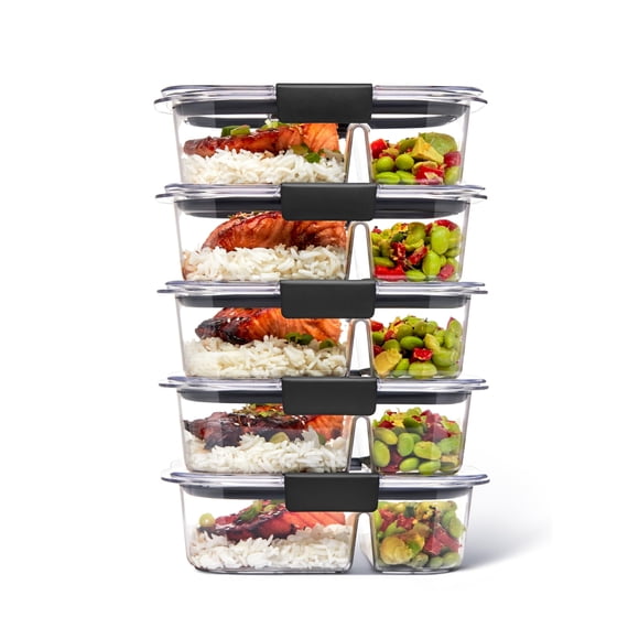 Rubbermaid 5-Piece Brilliance Food Storage Containers for Meal Prep with 2 Compartments and Lids, Dishwasher Safe, 2.85-Cup(675ml), Clear/Grey, 5 cou