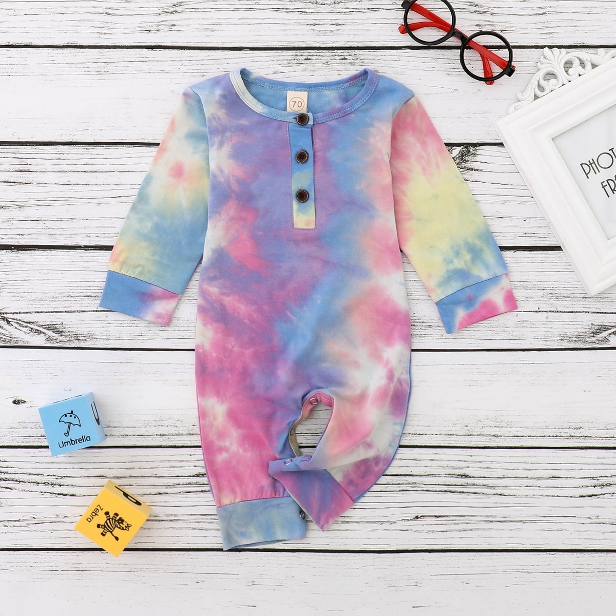 Baby Boy Girl Button Rompers, Long Sleeve Tie Dye Print One Piece Jumpsuit Fall Warm Clothes