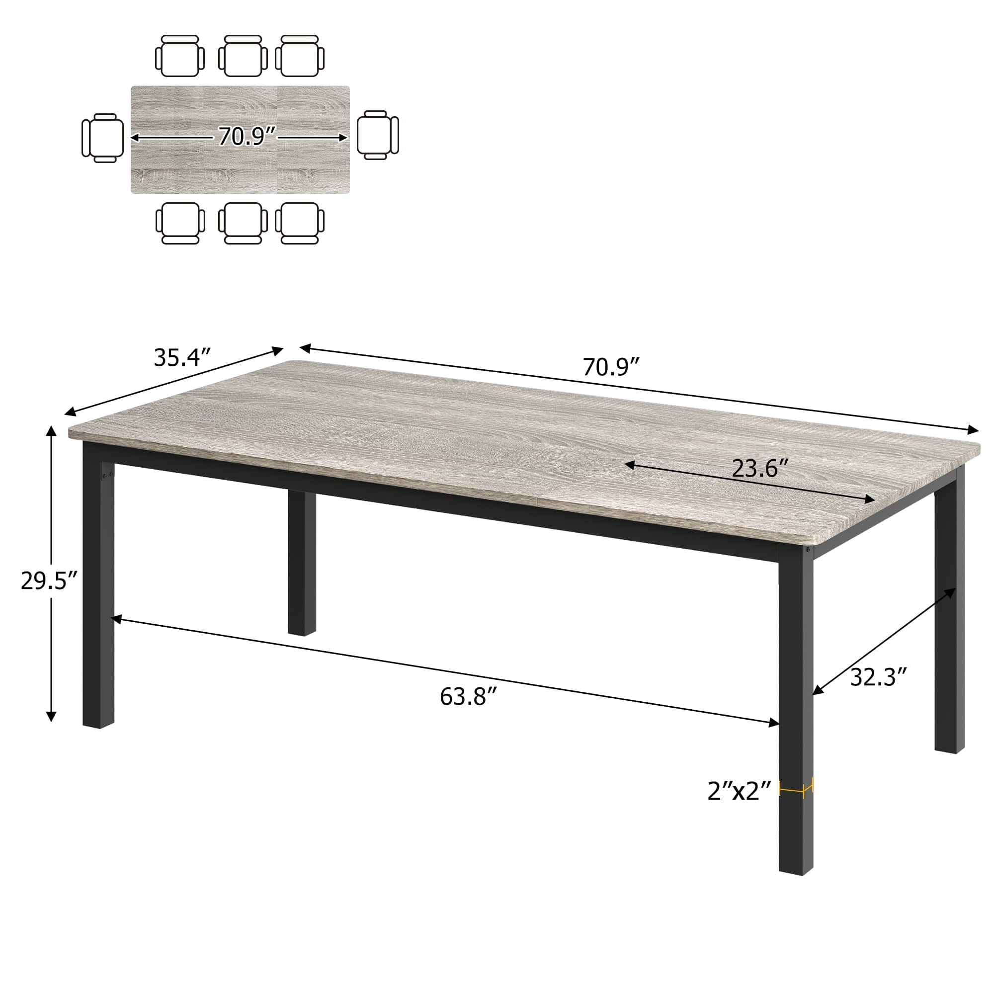 QinaQin Industrial Style Dining Table, 70.9-Inch/71-Inch