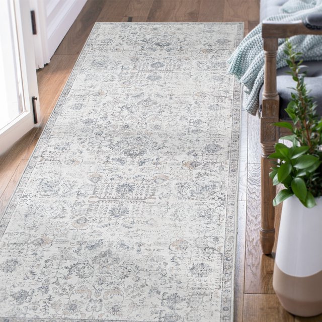 RUGKING Distressed Floral Runner Rug 3x7 Gray Multi Flodable Vintage Carpet Non Slip Runner Rug For Hallways Entryways Kitchen Bathroom