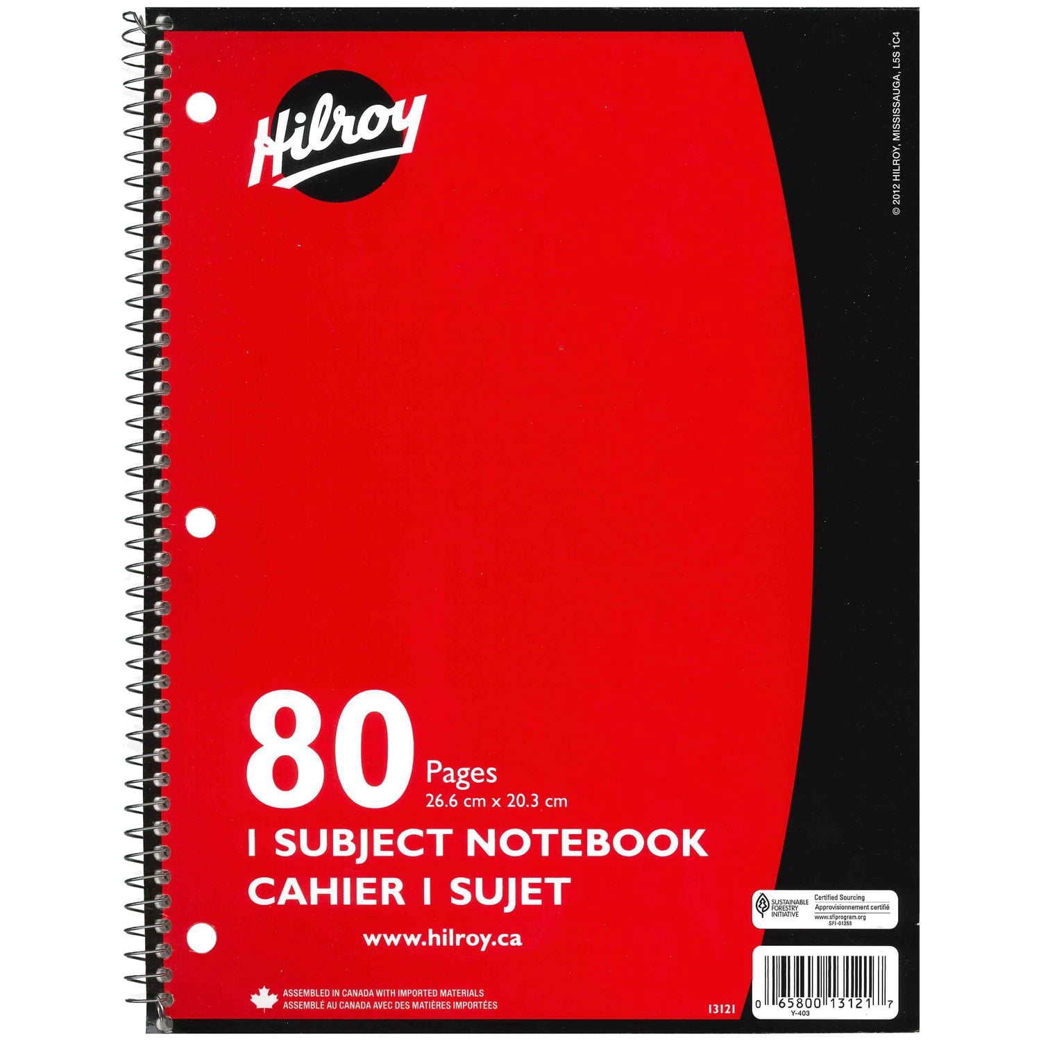 Hilroy® Coil Notebooks 3 Hole with Margin 1 Subject, 10-½ X 8, 80 Page, Red