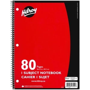 Hilroy® Coil Notebooks 3 Hole with Margin 1 Subject, 10-½ X 8, 80 Page, Red