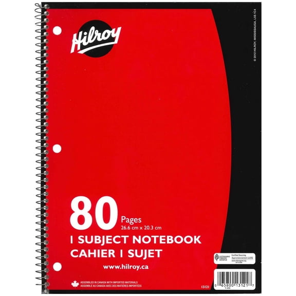 Hilroy® Coil Notebooks 3 Hole with Margin 1 Subject, 10-½ X 8, 80 Page, Red