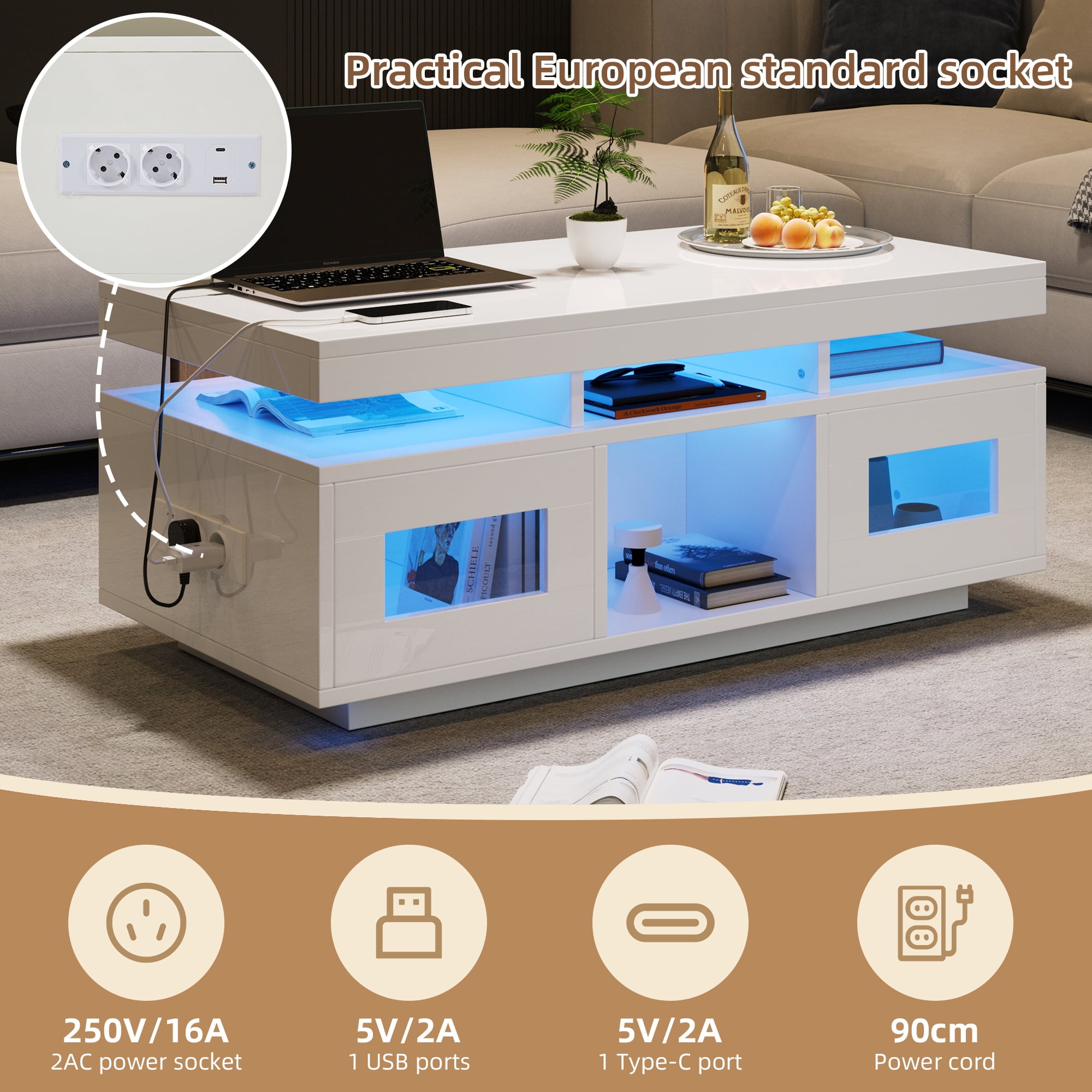 Noble House Table basse haute brillance avec lumières LED, Ports et prises USB, Centre 2 portes et Table d’appoint canapé, blanc