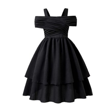 JIRNDf Flower Girl Dresses For Wedding Elegant Ball Gown Party Princess One Shoulder Tiered Double Layer Flared Ages 8 12 Formal Girls Summer Casual Dress Black 10-