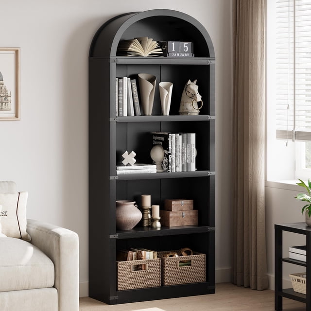EDTara Arched Bookcase with Doors 5 Shelf Bookshelf Tall Bookcase Farmhouse Display Storage Rack Wooden Bookshelves for Home Office, Living Room