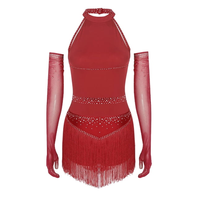 Hansber Robe de Danse pour Femmes à Franges en Strass avec Gants, Col Licou, Costume de Danse Latine pour Salle de Bal, Rumba, Salsa, Bourgogne G
