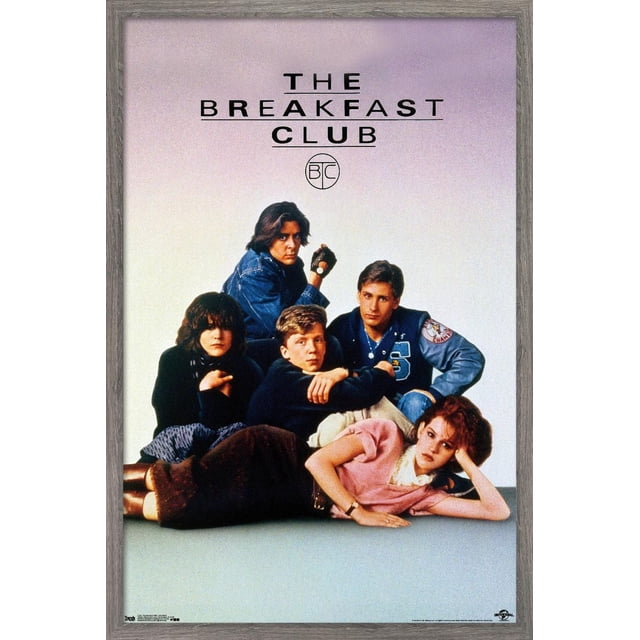 The Breakfast Club - One Sheet Wall Poster, 22.375" x 34" framed, showing five teenagers in 1980s casual clothing posed together against a plain light background with bold black movie title text above, ideal for dorm or bedroom wall decor and adding nostalgic pop culture style.