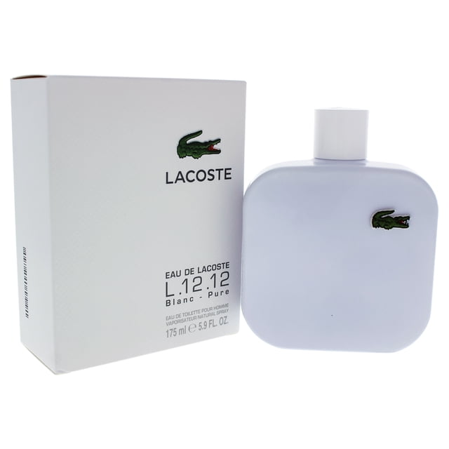 Lacoste Eau De Lacoste L.12.12 Blanc by Lacoste for Men, a 5.9 oz EDT spray, featuring a sleek white bottle with the iconic Lacoste crocodile logo and matching packaging. This men's cologne, launched in 2014, offers a woody aromatic blend of cedar, ylang-ylang, tuberose, virginian cedar, leather, suede, and vetiver.