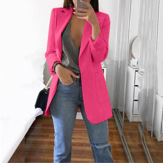 Meichang Womens Casual Blazers Jackets Solid Color Long Sleeve Open Front Work Office Blazers Slim Fit Lapel Jackets with Pockets Cardigans Plus Size Hot Pink L