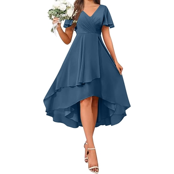 Miqool Women Short Sleeve Chiffon Dress V-Neck Elegent Wedding Guest Dress High Low Tiered Evening Party Dress
