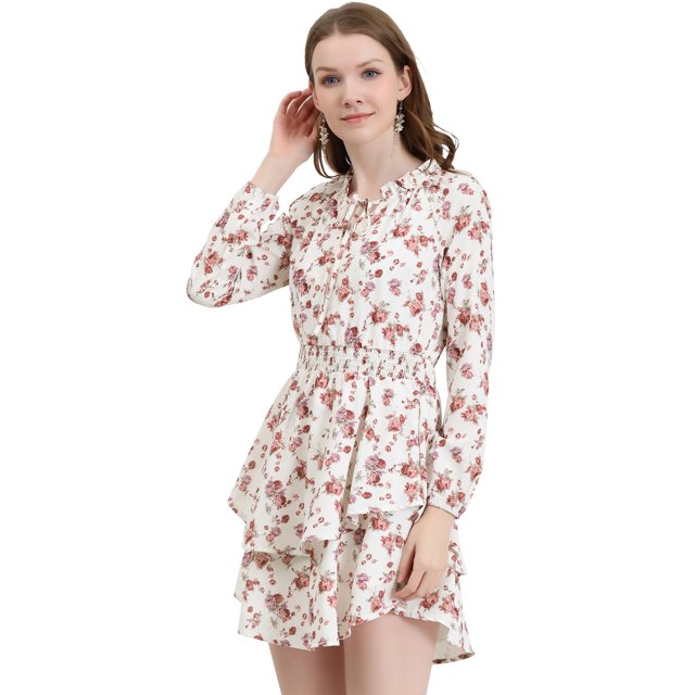 Unique Bargains Robe en Mousseline à Taille Smockée à Imprimé Floral Vintage pour Femme